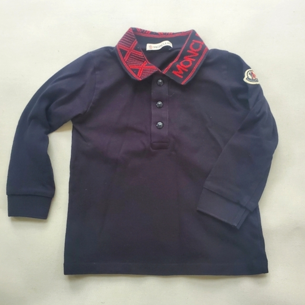 Moncler Boys Navy Manica Cotton Long-Sleeved Polo Shirt Sz 18 / 24 Months